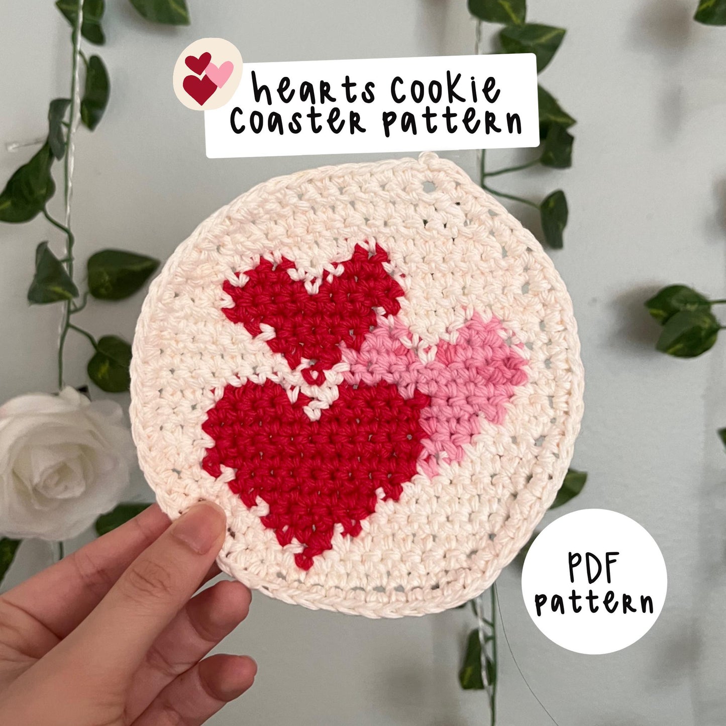Valentine's Hearts Crochet Cookie Coaster PDF Pattern