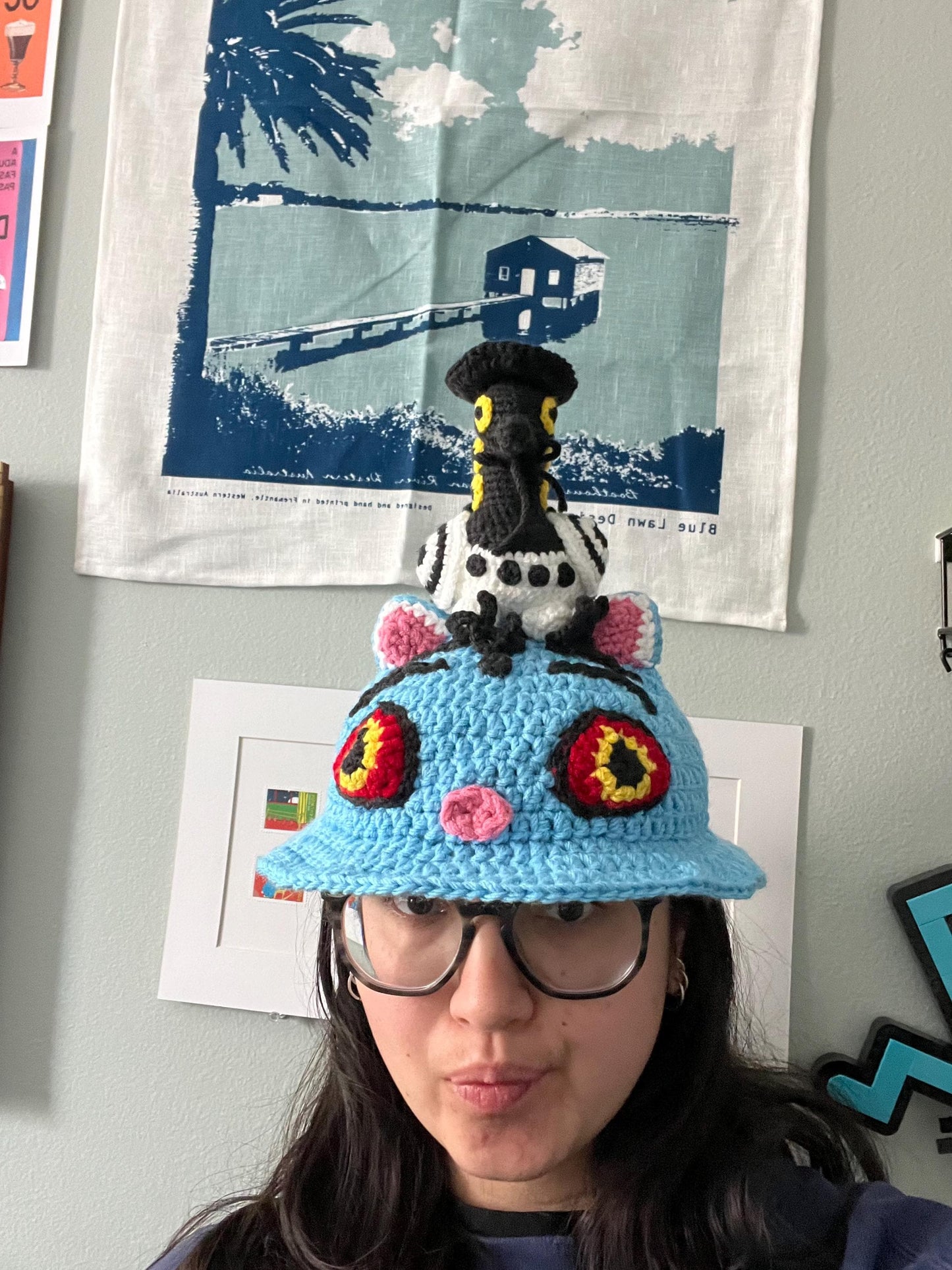 Derpy the Tiger Bucket Hat with Attachable Magpie Amigurumi | Made to Order