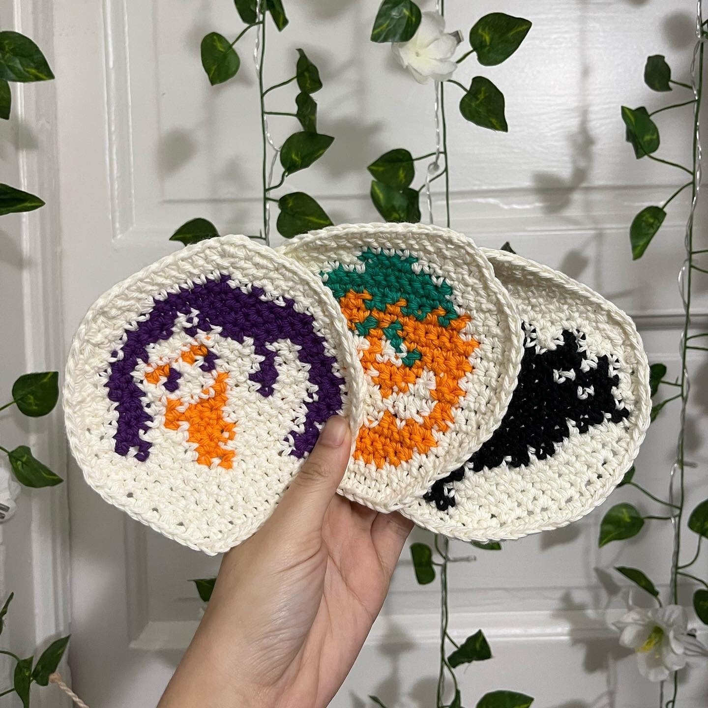 Halloween Crochet Sugar Cookie Coaster PDF Pattern Bundle (Ghost, Pumpkin, AND Spooky Cat)