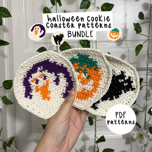 Halloween Crochet Sugar Cookie Coaster PDF Pattern Bundle (Ghost, Pumpkin, AND Spooky Cat)