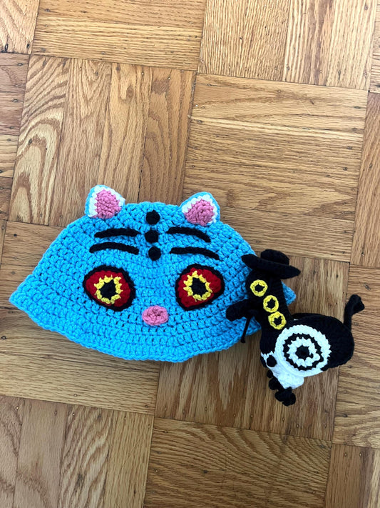 Derpy the Tiger Bucket Hat with Attachable Magpie Amigurumi | Made to Order