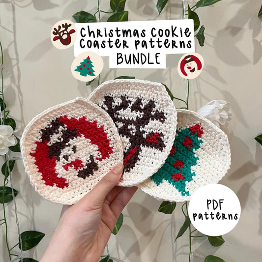 Christmas Crochet Sugar Cookie Coaster PDF Pattern Bundle (Snowman, Reindeer AND Christmas Tree)